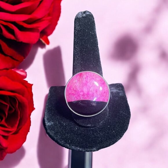 Handcrafted Pink & Black Sterling Silver Statement Ring Artistic Gift Modern - Picture 1 of 8